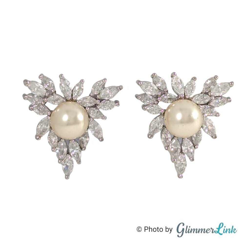 CZ Crystal White Faux Pearl Triangular Silver Tone Leverback Pierced Earrings